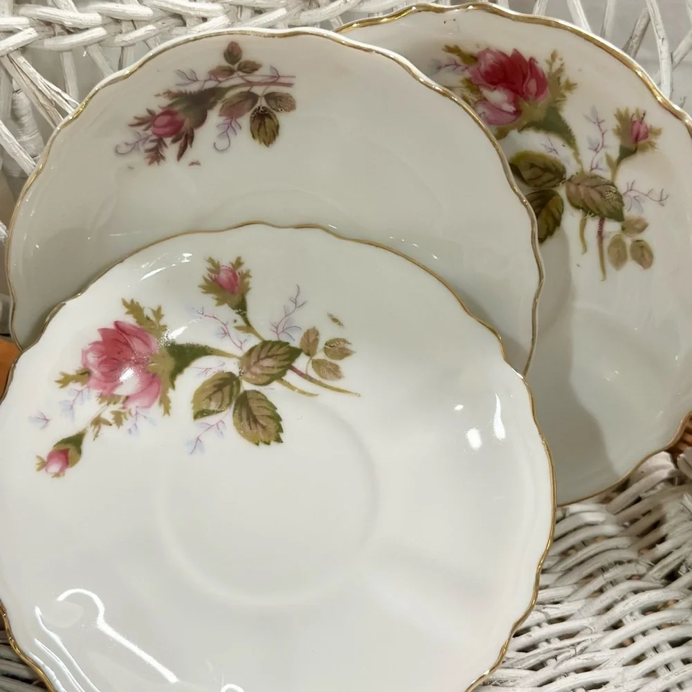 Moss Rose Floral Porcelain Demitasse and Footed Base Tea Cups and Saucers